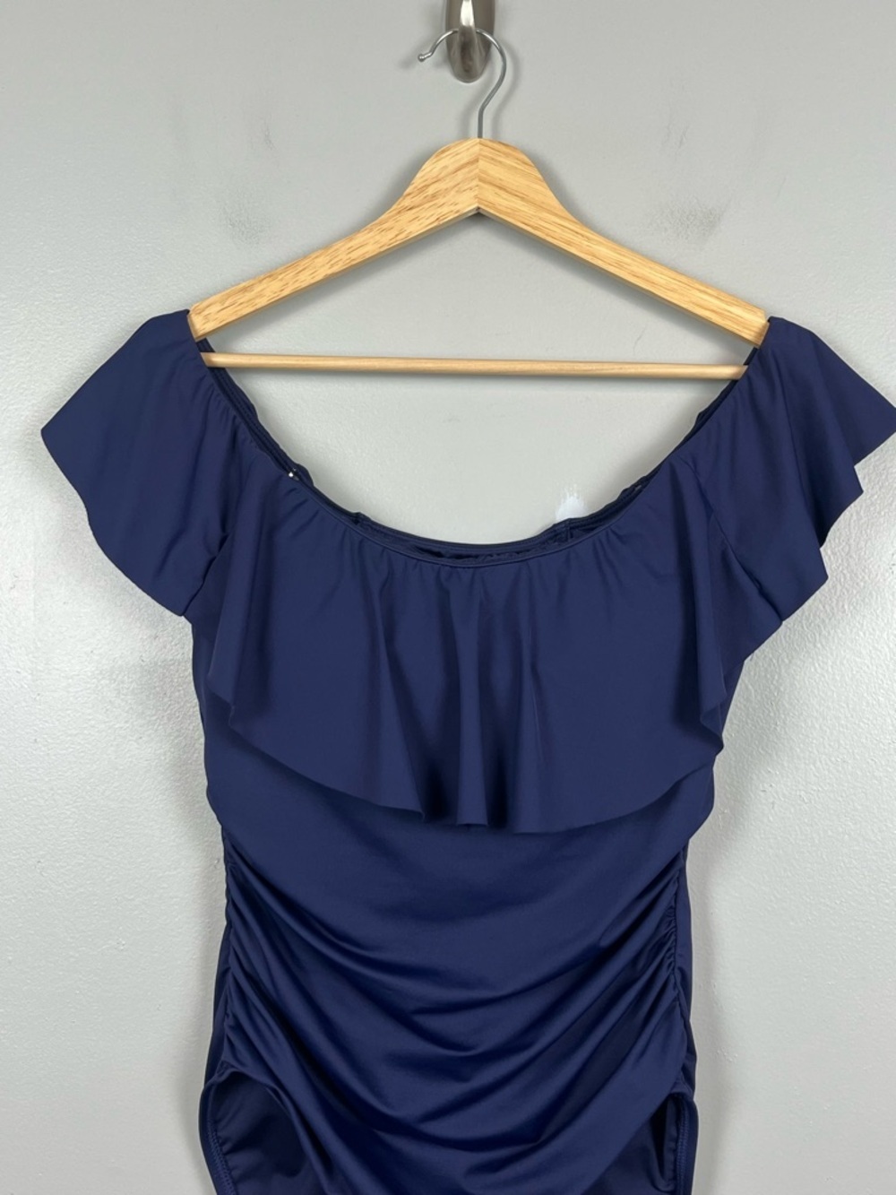 La Blanca blue Island Goddess Off Shoulder Ruffle One Piece swimsuit, US 10. - Picture 4 of 12